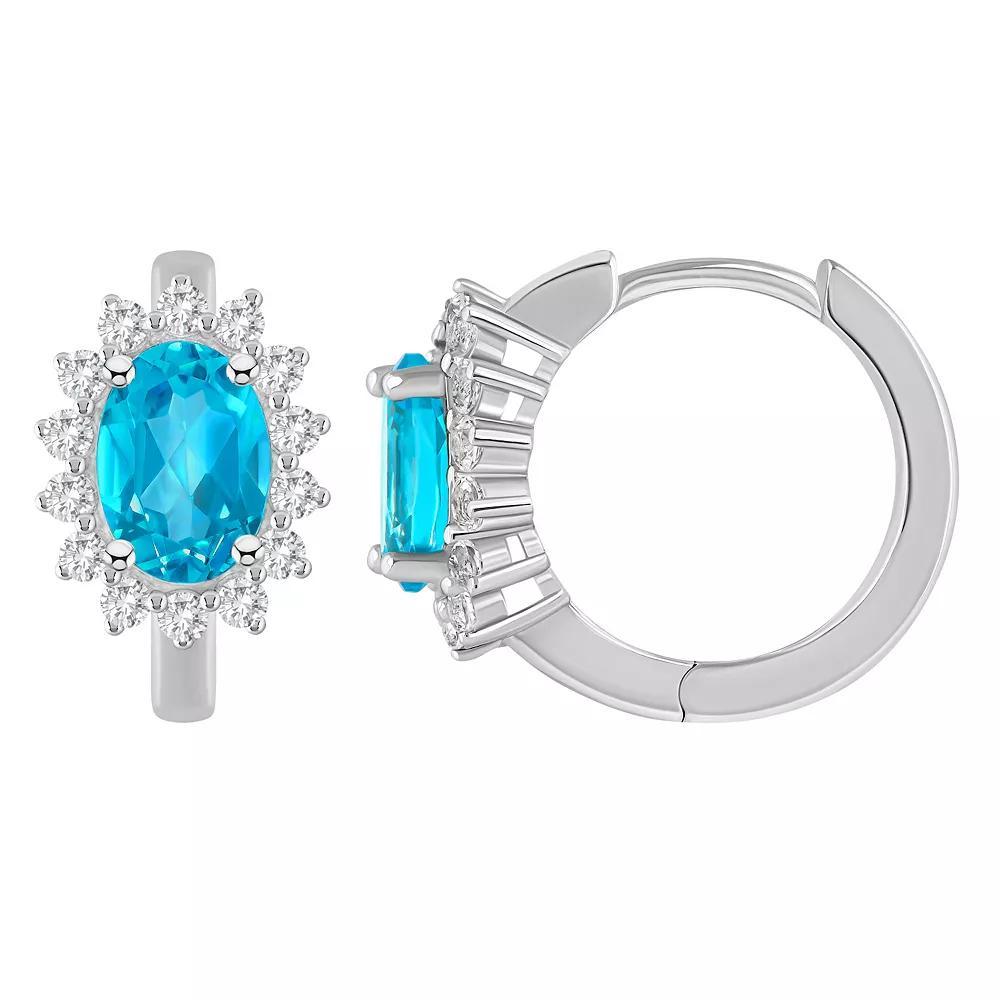 Celebration Gems Sterling Silver Oval Gemstone & White Topaz Halo Huggie Hoop Earrings, Women's, Blue Topaz Product Image