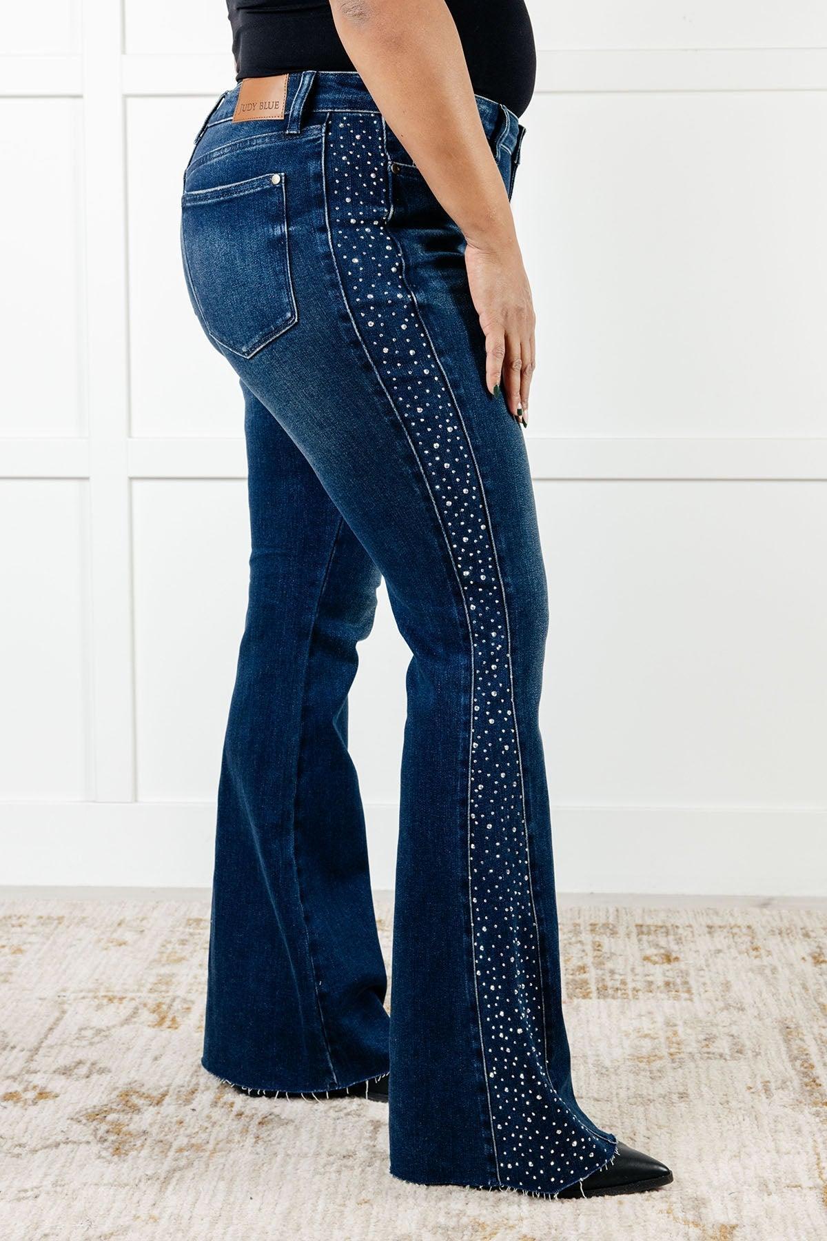 Judy Blue Mid Rise Rhinestone Detail Flare Jeans Product Image