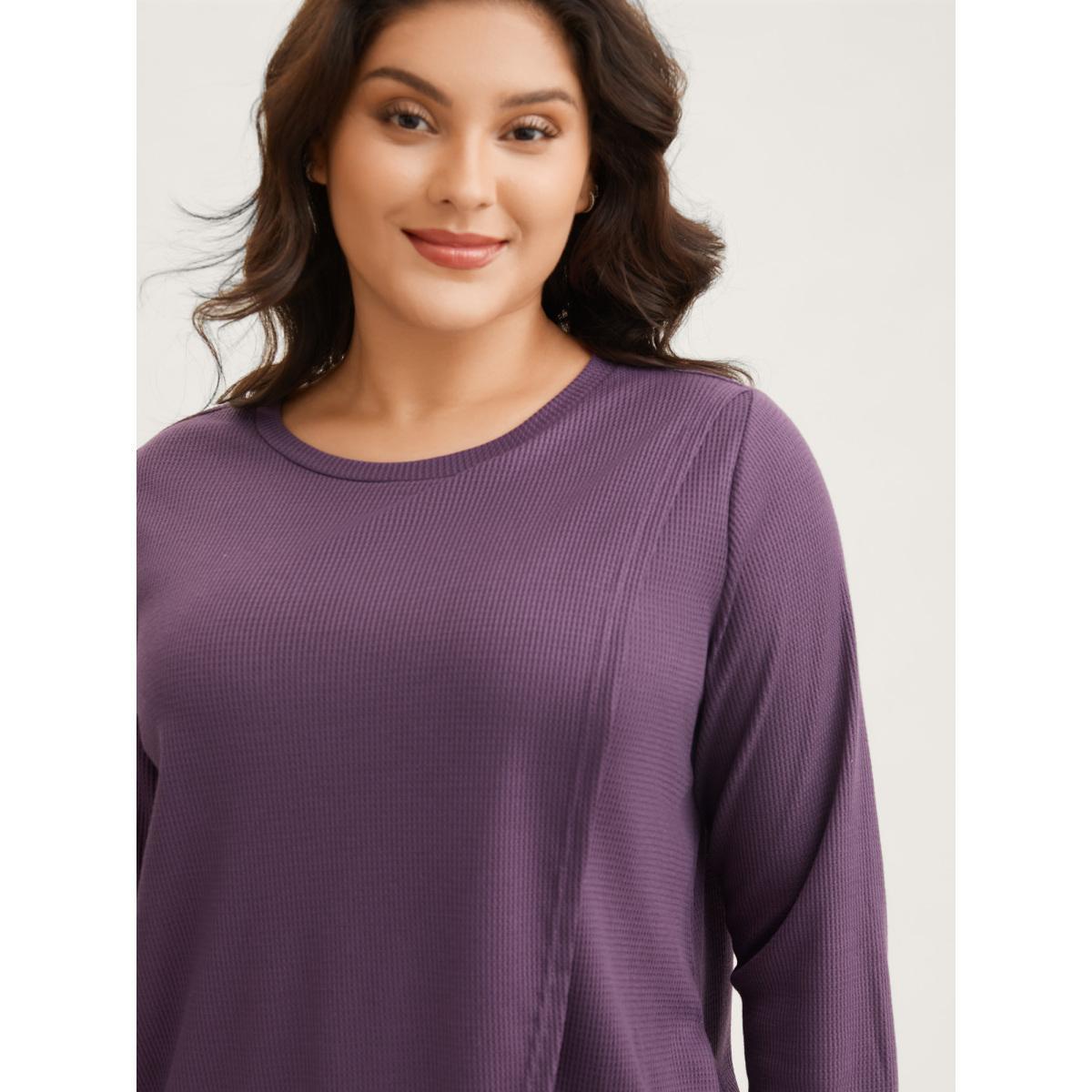 Plus Size Solid Waffle Knit Overlap Hem T-shirt Eggplant Women Casual Overlapping Round Neck Everyday T-shirts BloomChic 26/4X Product Image