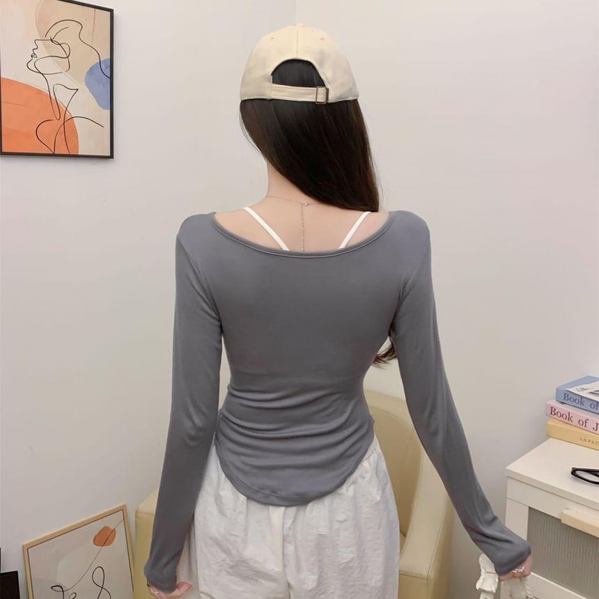 Set: Long Sleeve V-Neck Plain Button Tee + Camisole Top Product Image