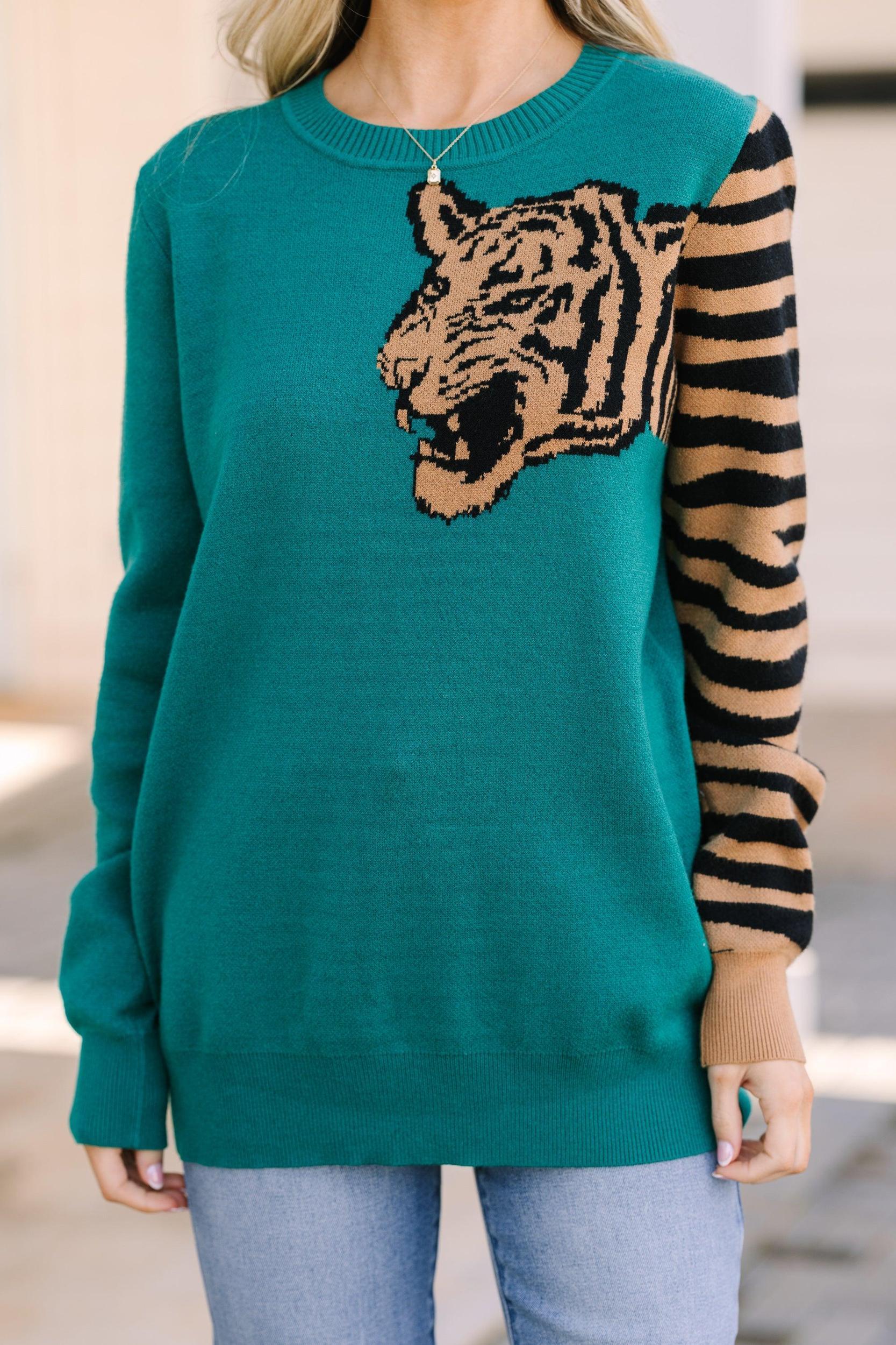 Over Your Shoulder Hunter Green Tiger Sweater Female Product Image