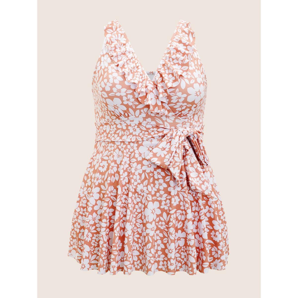 Plus Size Floral Tie Knot Patchwork Ruffles Swim Dress Women's Swimwear Coral Beach Bodycon Overlap Collar High stretch Curve Swim Dresses BloomChic 10/M Product Image