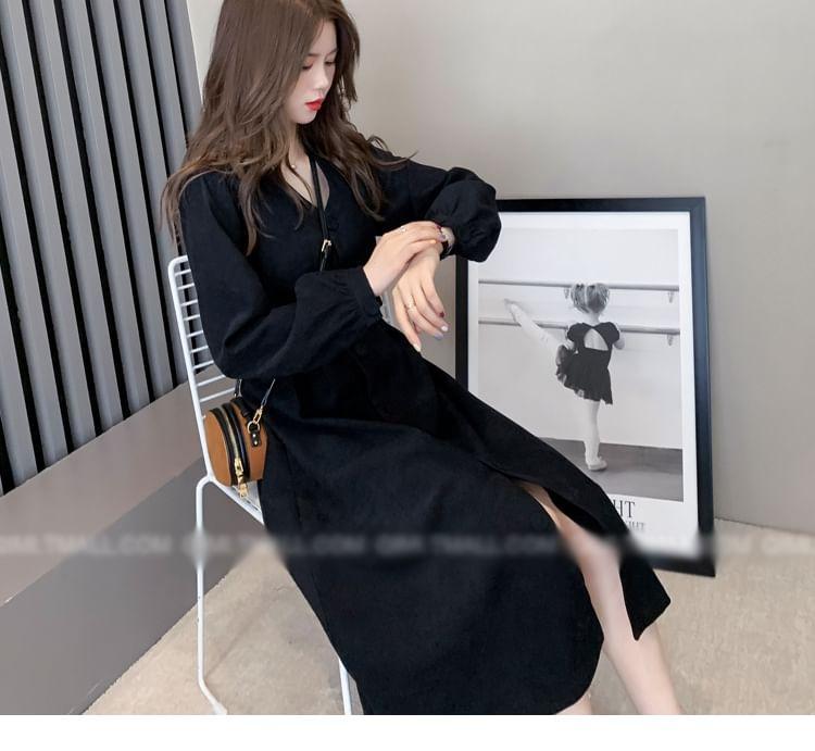 Puff-Sleeve V-Neck Plain Button-Up Midi A-Line Dress Product Image