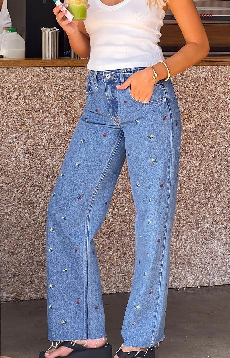 Kansis Blue Embroidered Uneven Waist Jeans Product Image