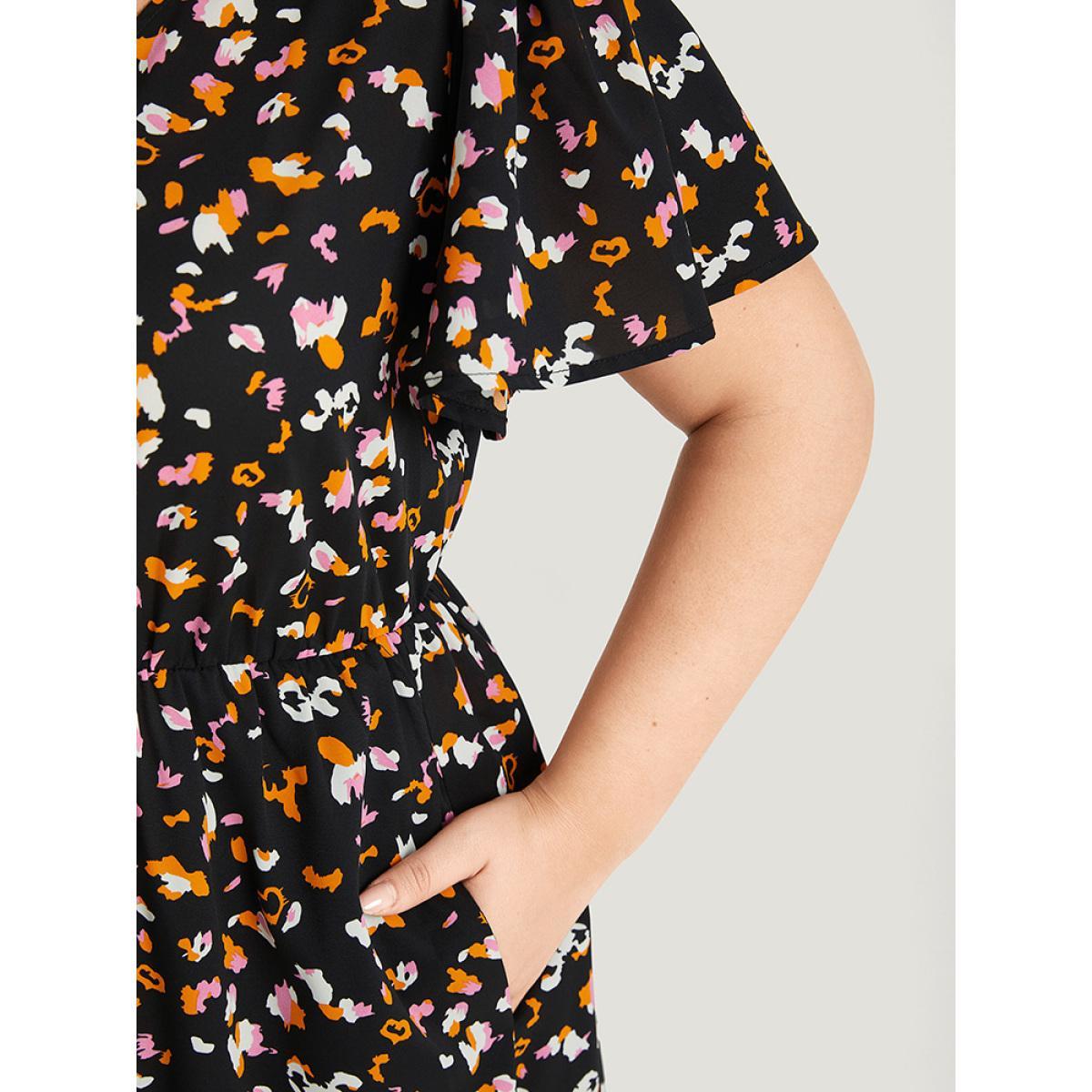 Plus Size Colour Leopard Print Wrap Elastic Waist Ruffle Hem Dress Black Women Elegant Elastic Waist V-neck Short sleeve Curvy Midi Dress BloomChic 12/L Product Image