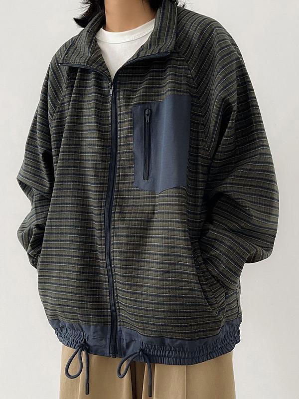 Men's Vintage Plaid Drawstring Hem Zip Up Jacket Product Image