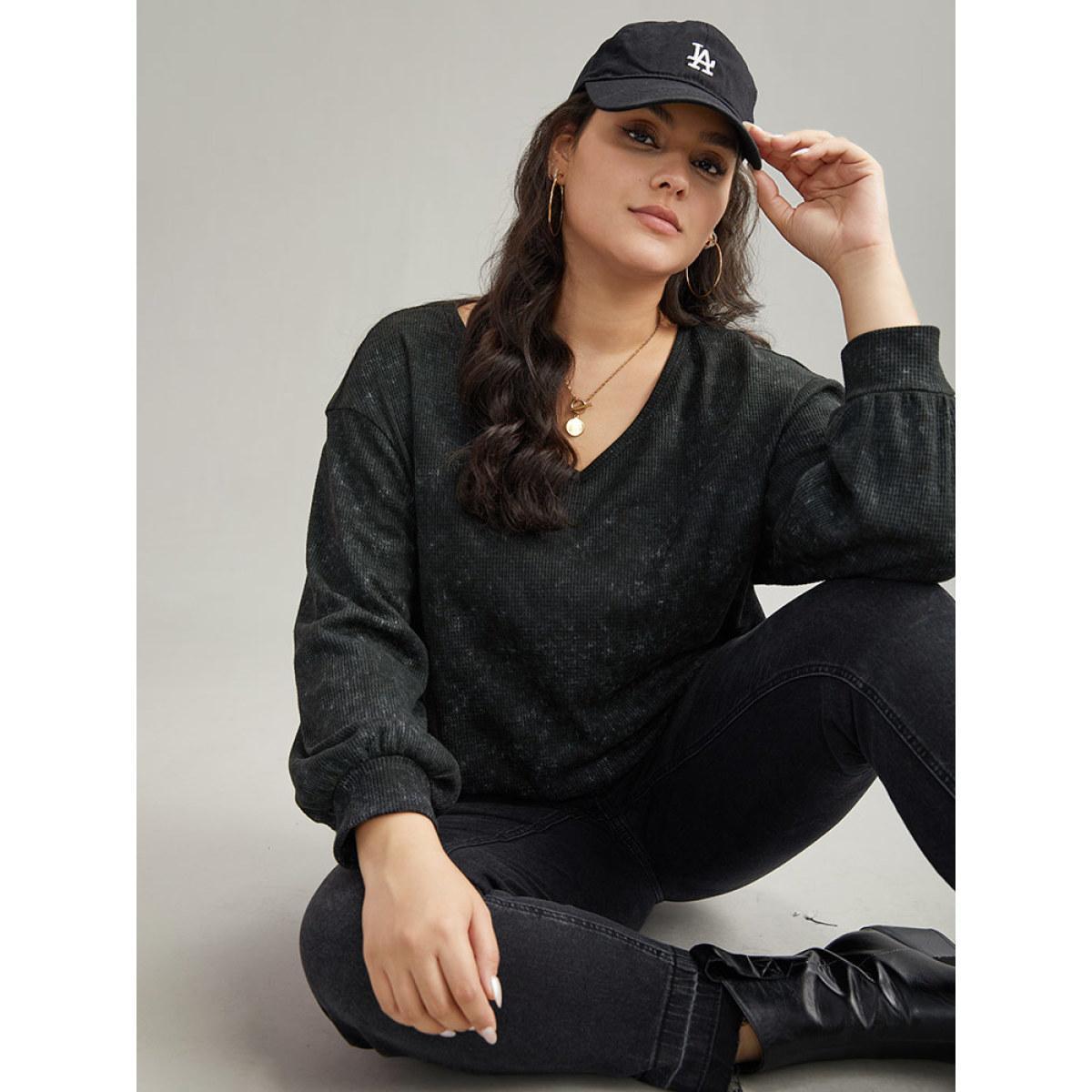 Plus Size Waffle Knit Heather V Neck T-shirt Black Women Casual Waffle Knit Plain V-neck Everyday T-shirts BloomChic 18-20/2X Product Image