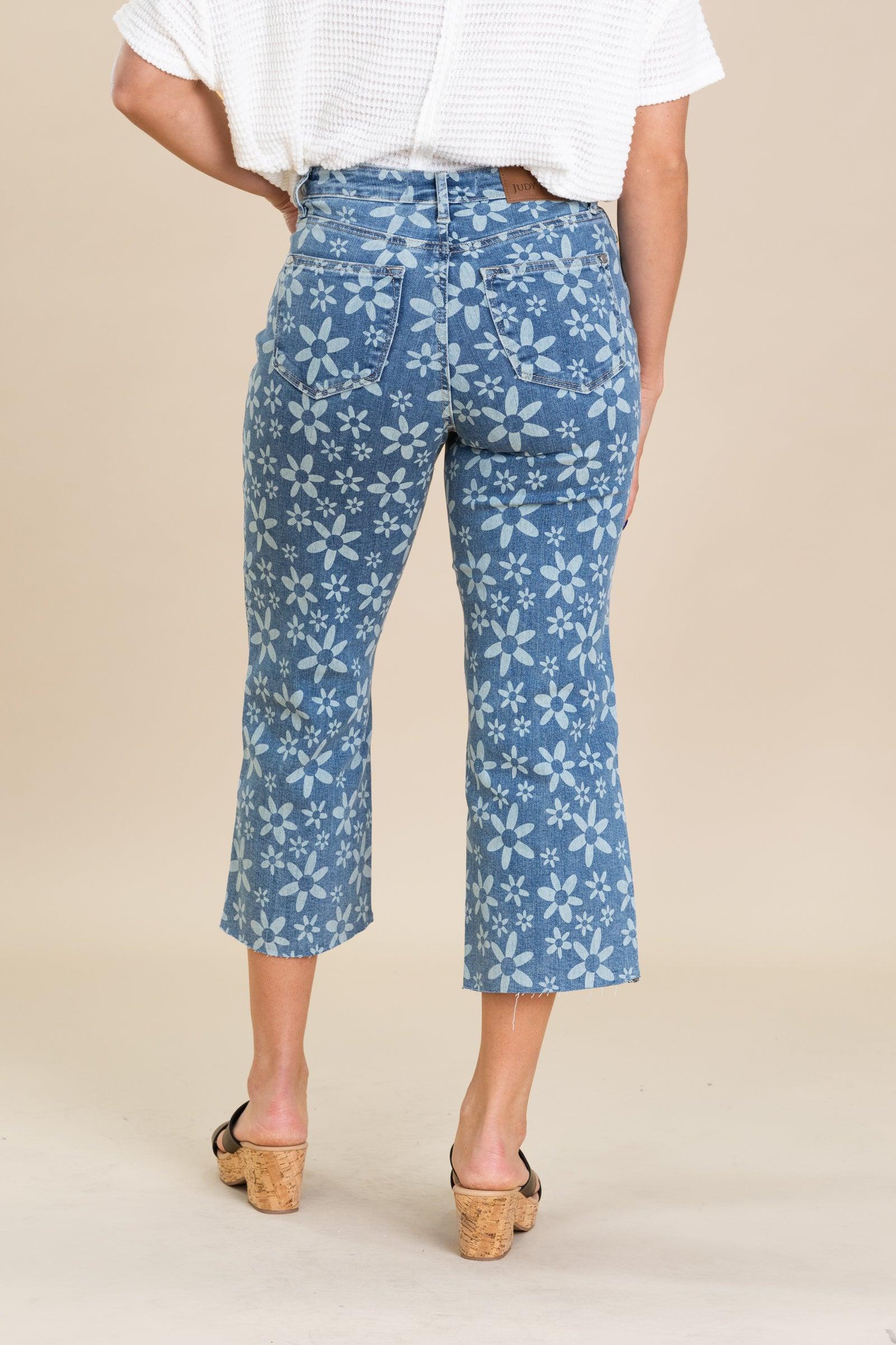 Judy Blue Flower Print Crop Wide Jeans Product Image