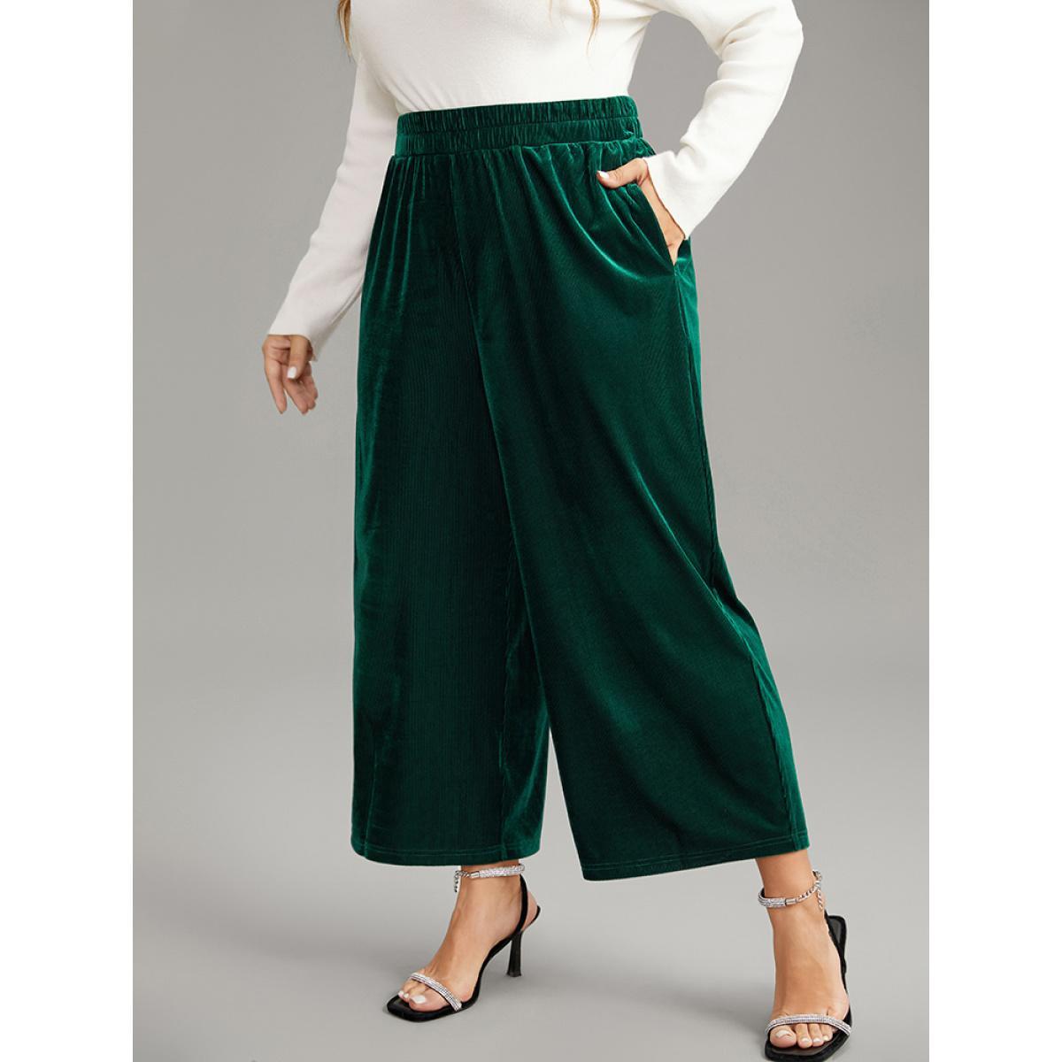 Plus Size Solid Textured Velvet Elastic Waist Gathered Pants Women DarkGreen Glamour Wide Leg High Rise Going out Pants BloomChic 28/5X Product Image