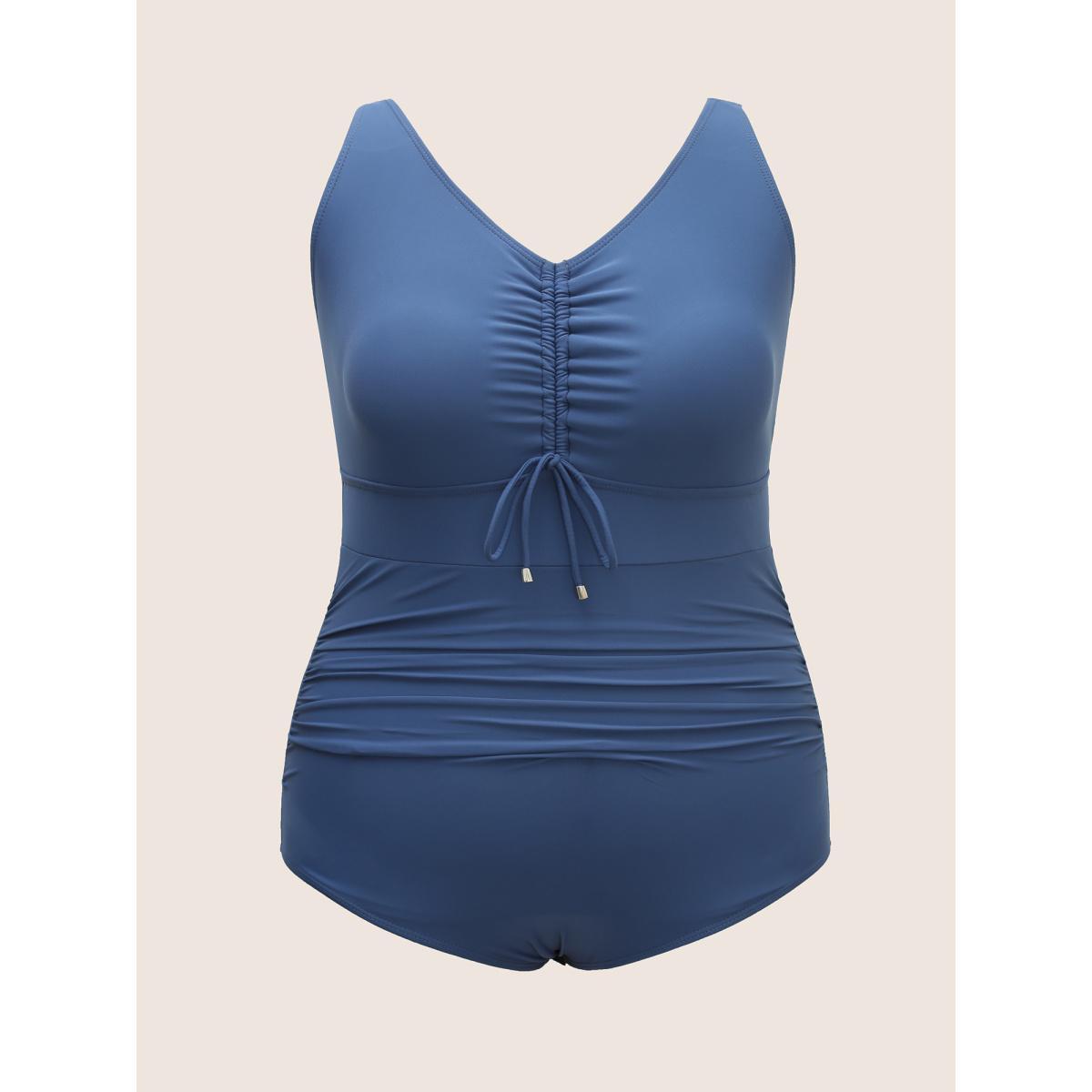 Plus Size Plain V Neck Drawstring Gathered One Piece Swimsuit Women's Swimwear Mediumblue Beach Gathered Curve Bathing Suits High stretch One Pieces BloomChic 22-24/3X Product Image