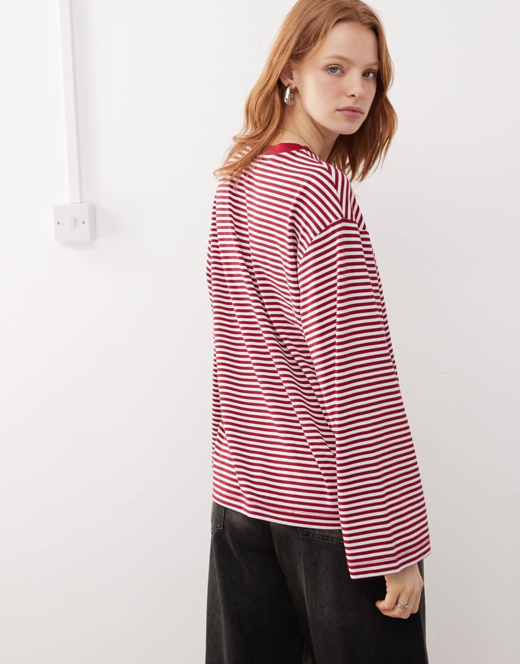 Reclaimed Vintage long sleeve contrast neck tee in red stripe  Product Image