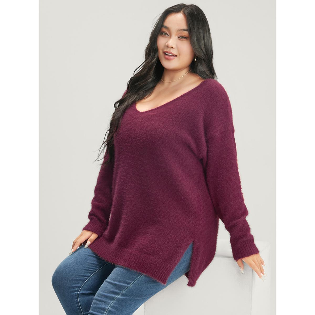Plus Size Solid Super Soft Plush Knit Split Hem Heather Knit Top Eggplant Women Elegant Loose Long Sleeve Deep V-neck Dailywear Pullovers BloomChic 18-20/2X Product Image