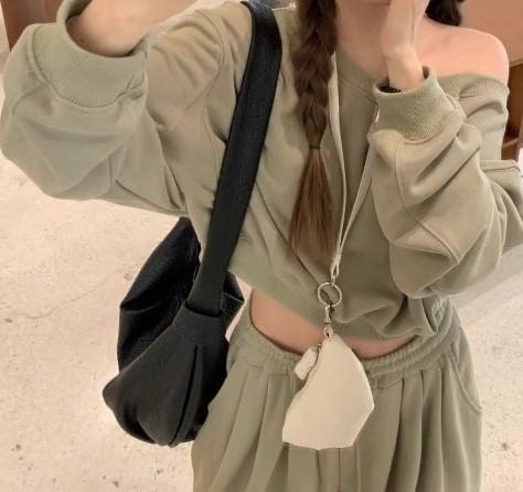 Set: One Shoulder Plain Crop Sweatshirt + Drawstring Waist Wide Leg Sweatpants Product Image