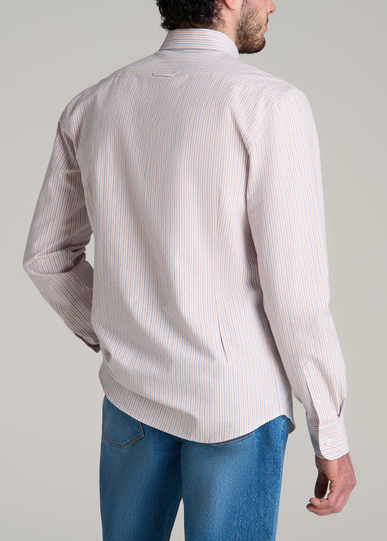 Washed Oxford Shirt for Tall Men in Apricot and Blue Multi Stripe Product Image