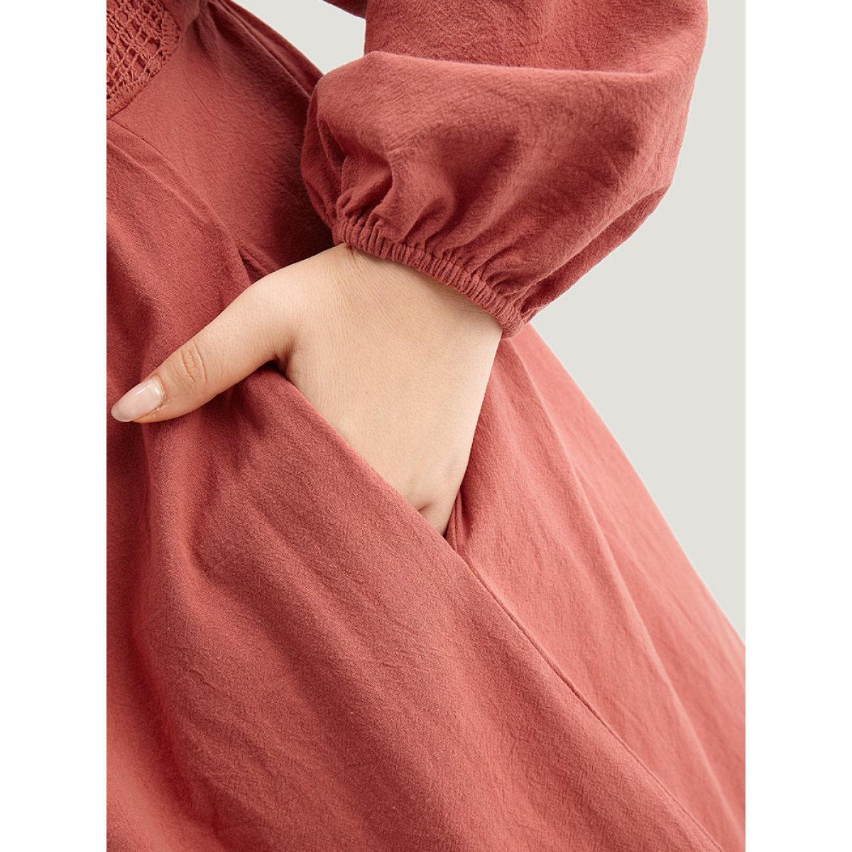 Plus Size Solid Lace Panel Wrap Patchwork Dress Rust Women Vacation Elastic cuffs V-neck Long Sleeve Curvy Midi Dress BloomChic 14-16/1X Product Image