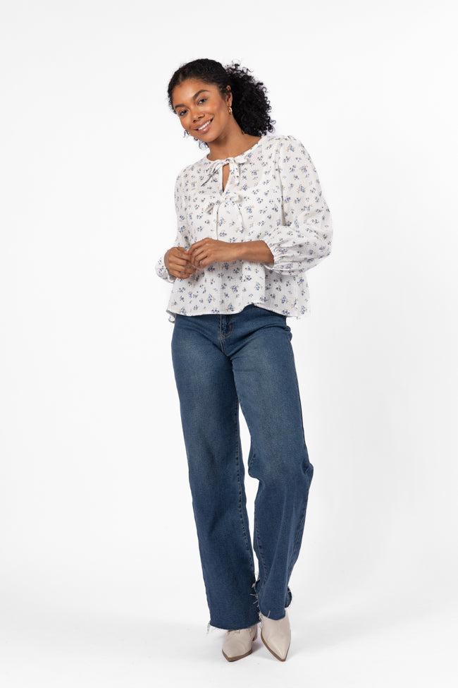 Close To Me Ivory and Blue Bow Detail Floral Blouse FINAL SALE Product Image