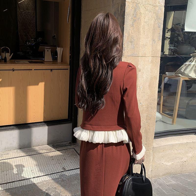 Set: Long Sleeve V-Neck Two Tone Ruffle Ruched Button Top + High Rise Plain Maxi A-Line Skirt Product Image