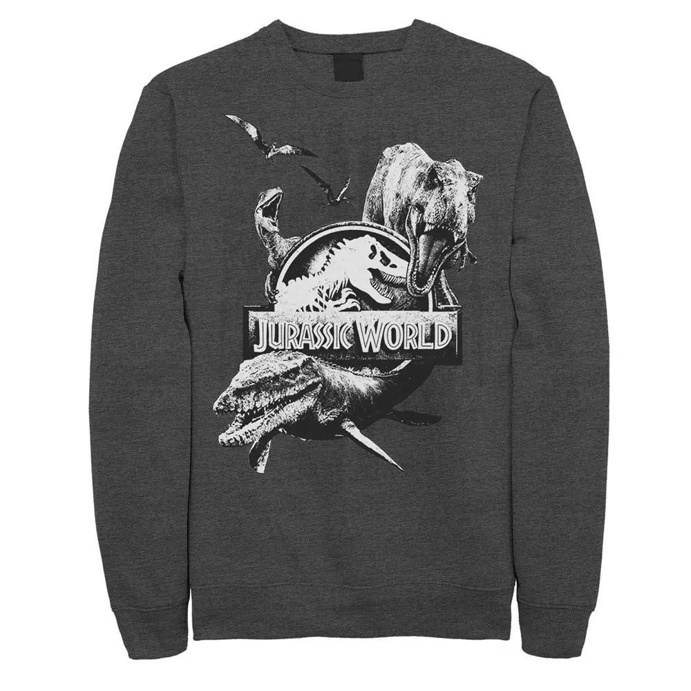 Men's Jurassic World Two Dino Collage Grunge Logo Fleece, Size: Small, Grey Heather Product Image