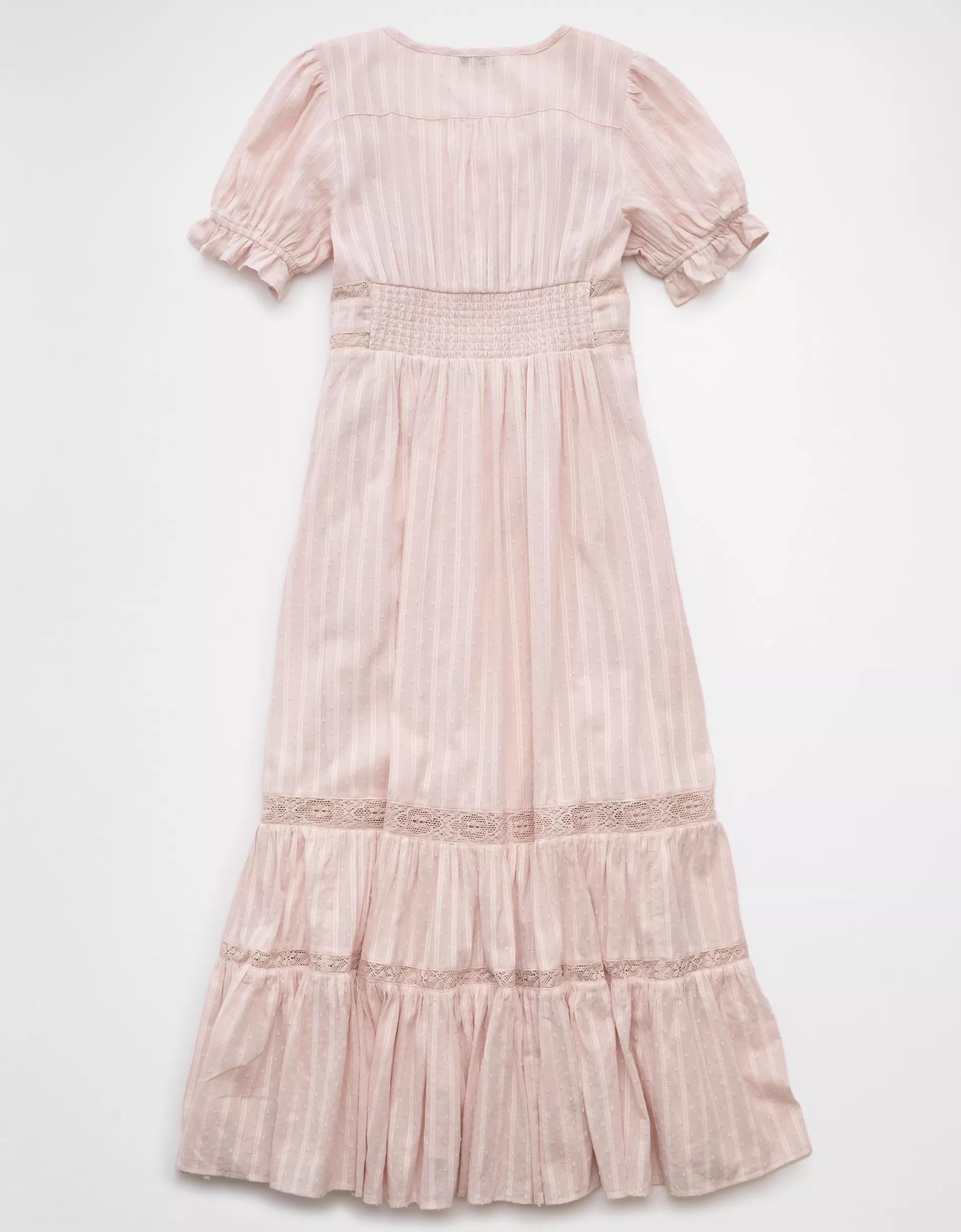 AE Lace Puff-Sleeve Button-Up Midi Dress Product Image