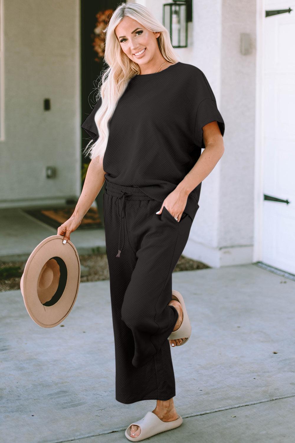 Double Take Full Size Texture Short Sleeve Top and Pants Set Product Image