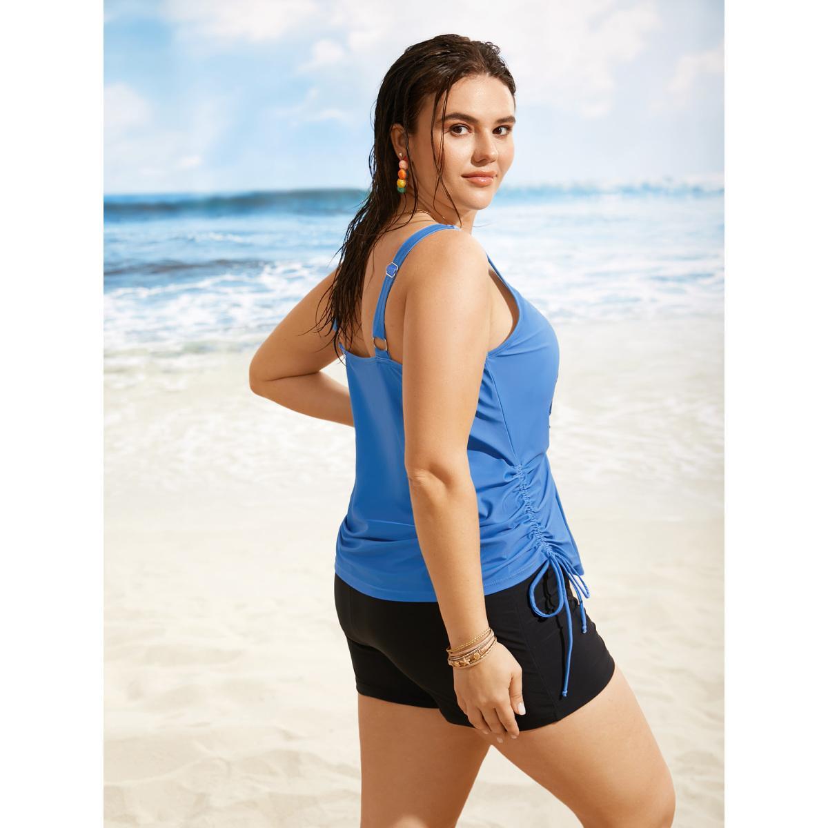Plus Size Island Print Drawstring Adjustable Swim Top Women's Swimwear Skyblue Beach Contrast High stretch Loose U-neck Curve Swim Tops BloomChic 26/4X Product Image