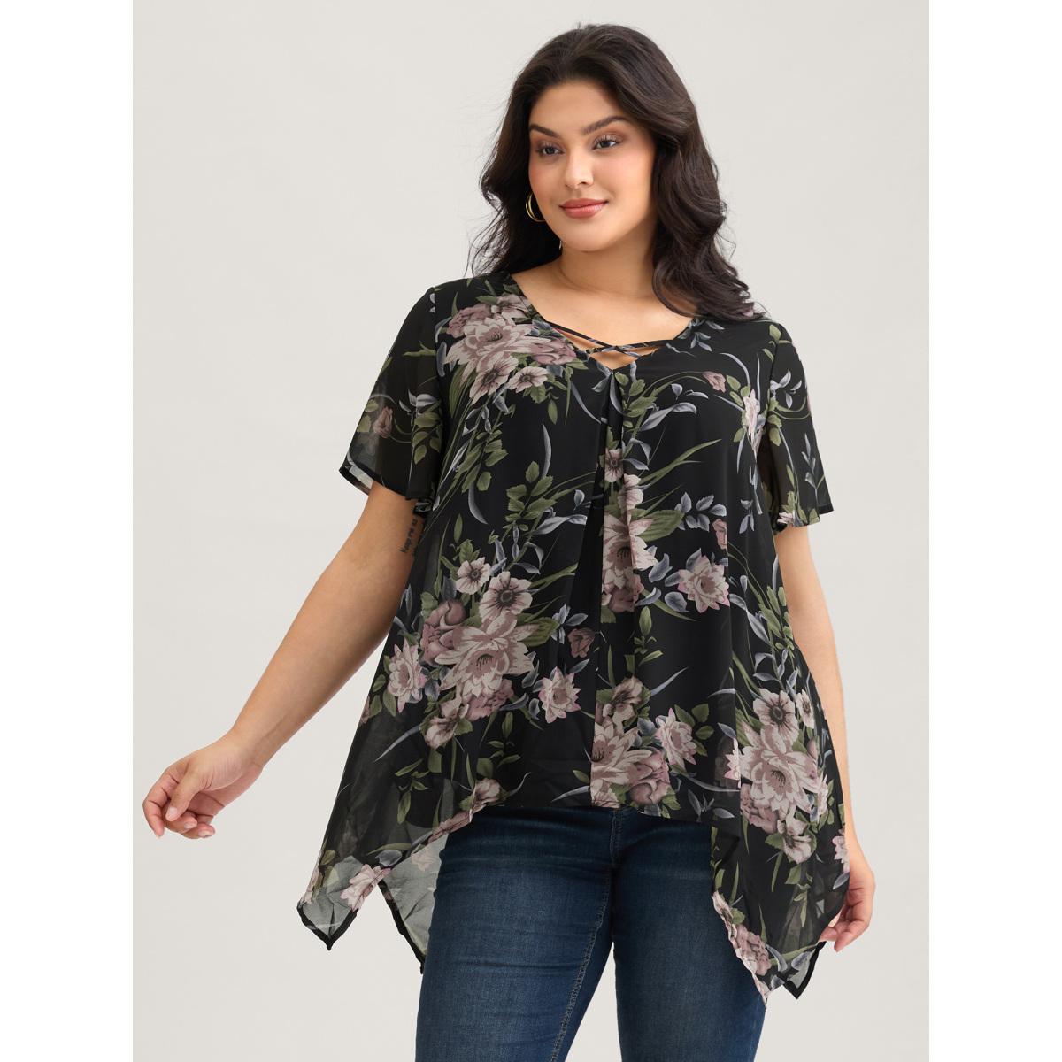 Plus Size Black Chiffon Floral Crisscross Hanky Hem Blouse Women Elegant Short sleeve V-neck Everyday Blouses BloomChic 14-16/1X Product Image