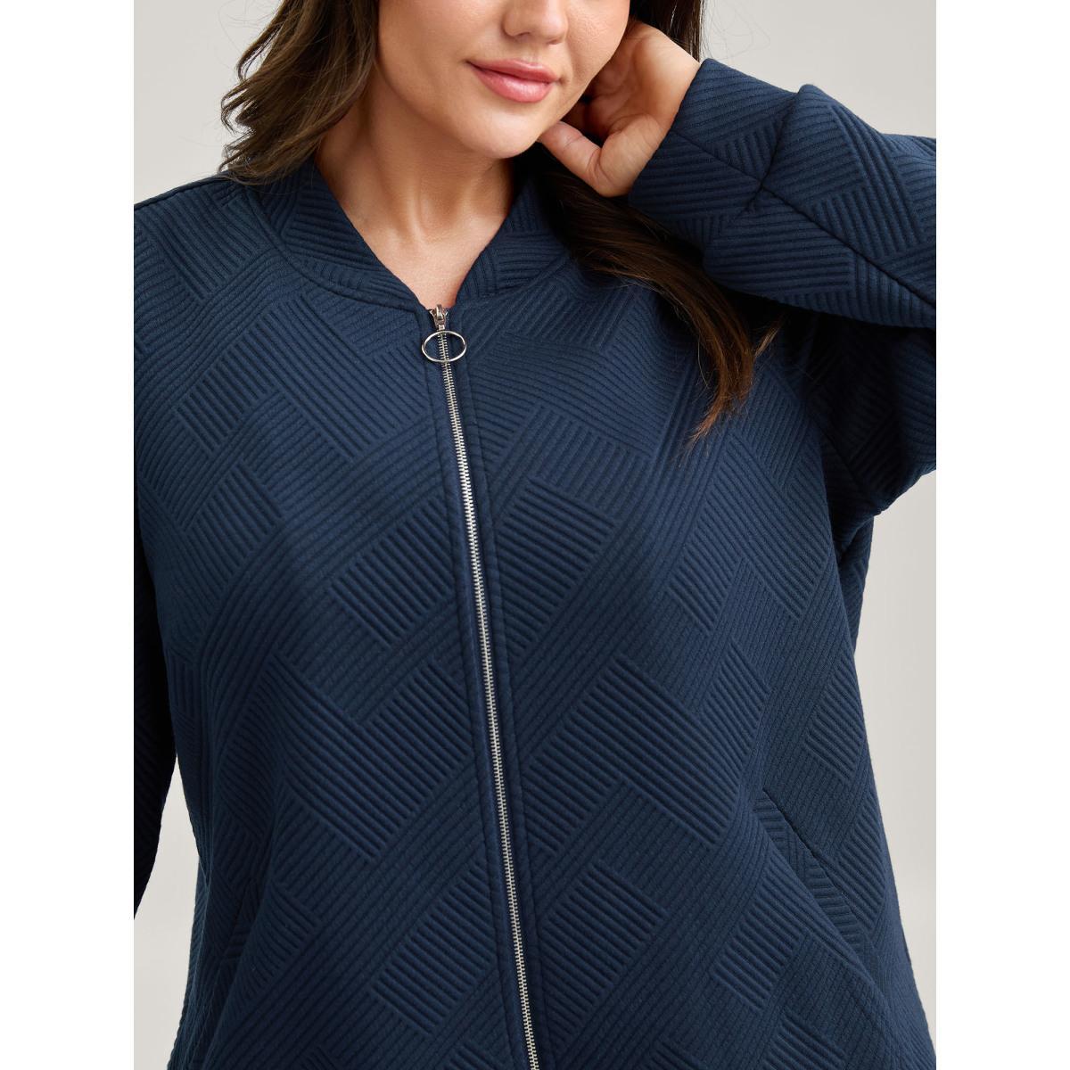 Plus Size Textured Solid Pockets Zipper Jacket Women Navy Texture Loose Slanted pocket Everyday-Casual Jackets BloomChic 10/M Product Image