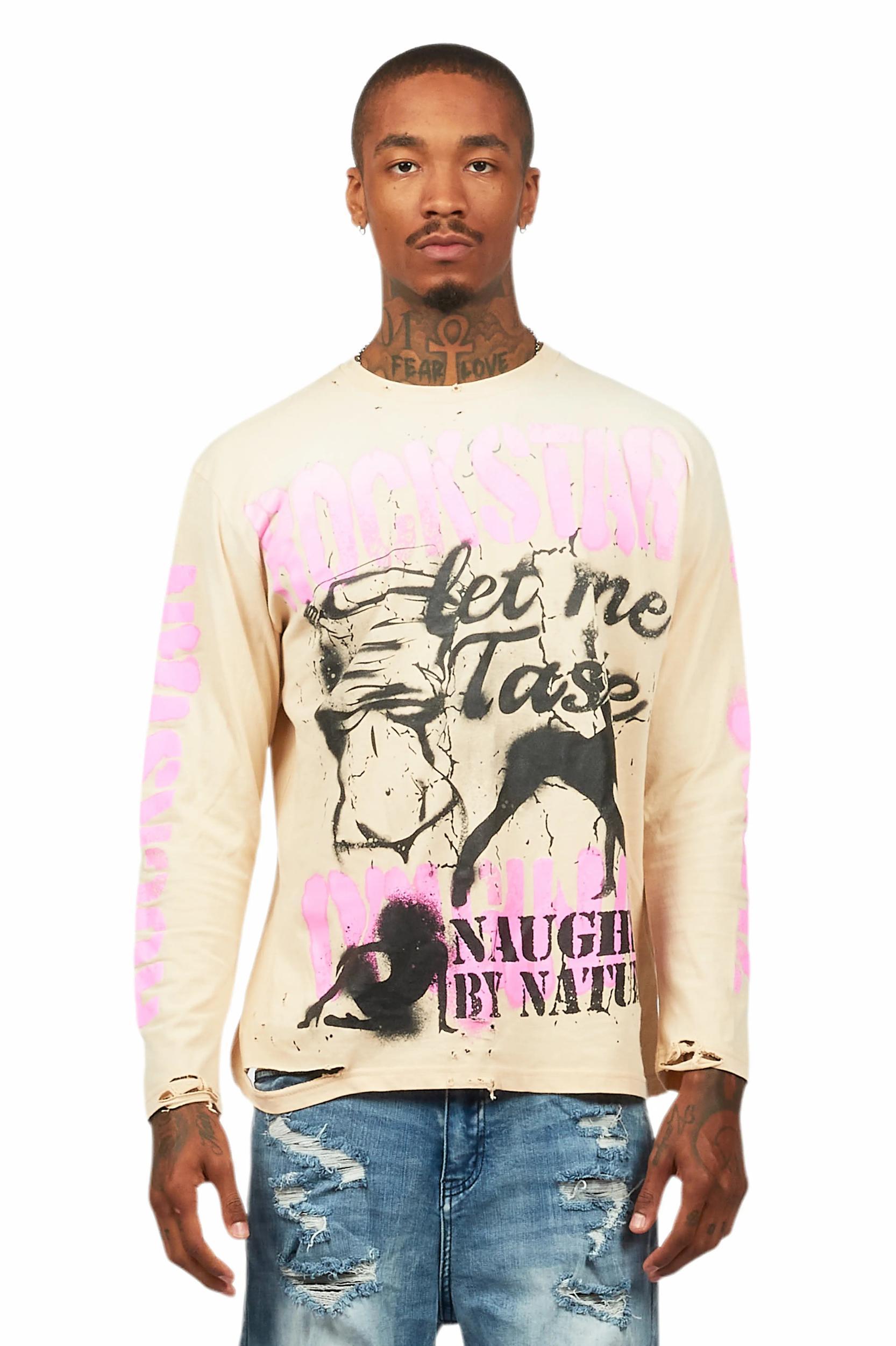 Strip Army Vintage Sand Long Sleeve Graphic T-Shirt Male Product Image
