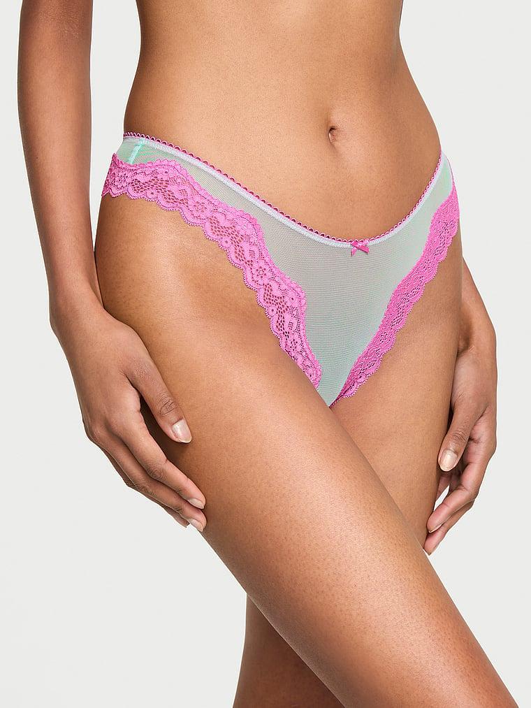 Tease Mesh Lace-Trim High-Leg Thong Panty Product Image