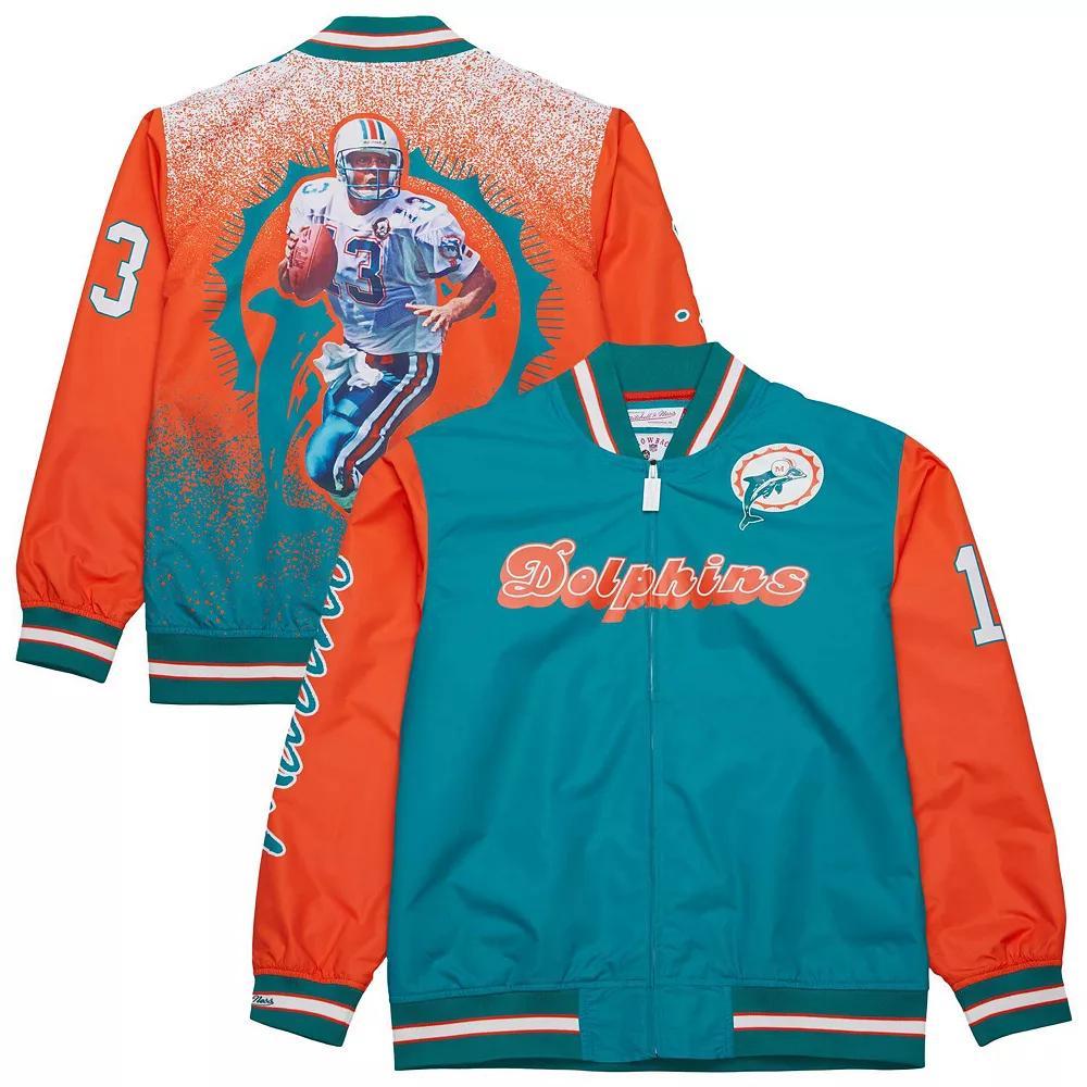 Men's Mitchell & Ness Dan Marino Aqua Miami Dolphins Retired Player Graphic Full-Zip Satin Jacket, Size: Small, Turquoise A Product Image