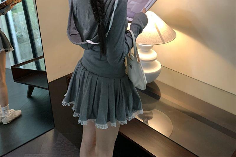 Set: Long-Sleeve Scoop Neck Plain Hooded Lace Trim Tee + Drawstring Waist Mini A-Line Skirt Product Image