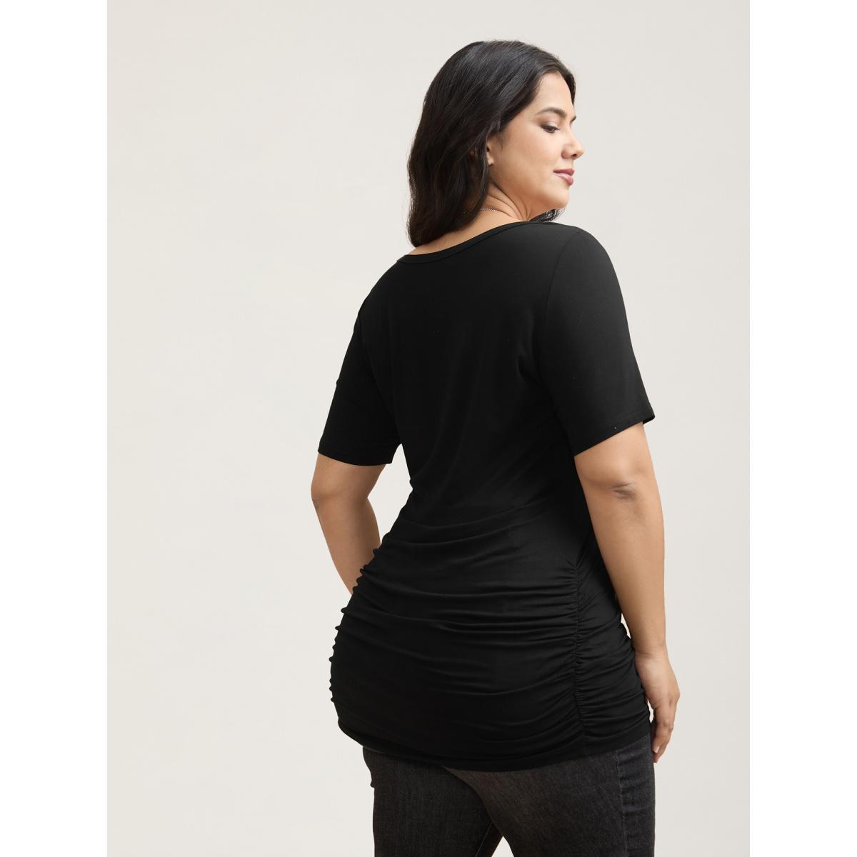 Plus Size Stretchy Ruched Fitted Long T-Shirt Black Women Casual Gathered Round Neck Bodycon Everyday T-shirts BloomChic 28/5X Product Image