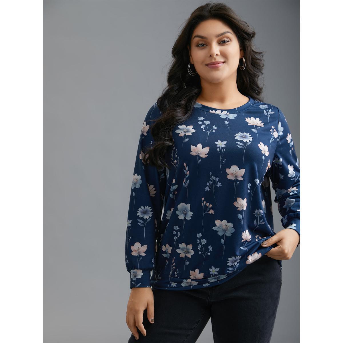 Plus Size Crew Neck Floral Print Sweatshirt Women DarkBlue Casual Contrast Round Neck Everyday Sweatshirts BloomChic 10/M Product Image