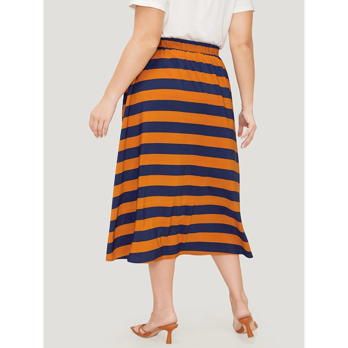 Plus Size Striped Print Ruffle Hem Pocket Skirt Women Multicolor Office Contrast Low stretch Pocket Work Skirts BloomChic 18-20/2X Product Image