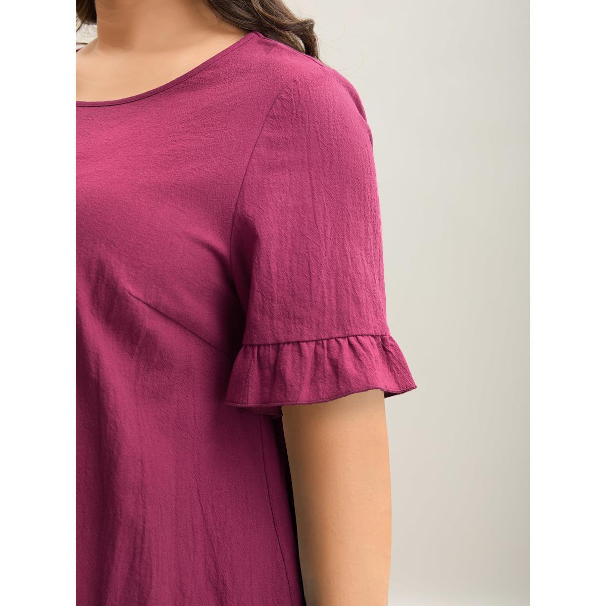 Plus Size RedViolet Pure Cotton Ruffled Curved Hem Blouse Women Casual Short sleeve Round Neck Everyday-Casual Blouses BloomChic 22-24/3X Product Image