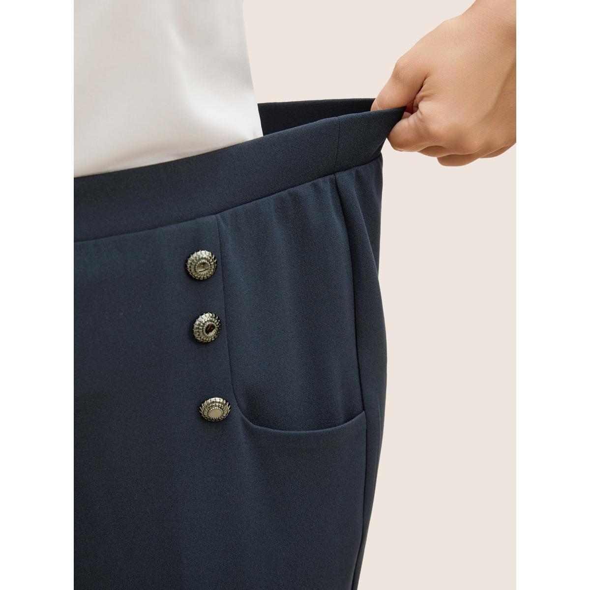 Plus Size Silver-Button Wide-Leg Pants Women Midnight Elegant Wide Leg Mid Rise Everyday Pants BloomChic 22-24/3X Product Image