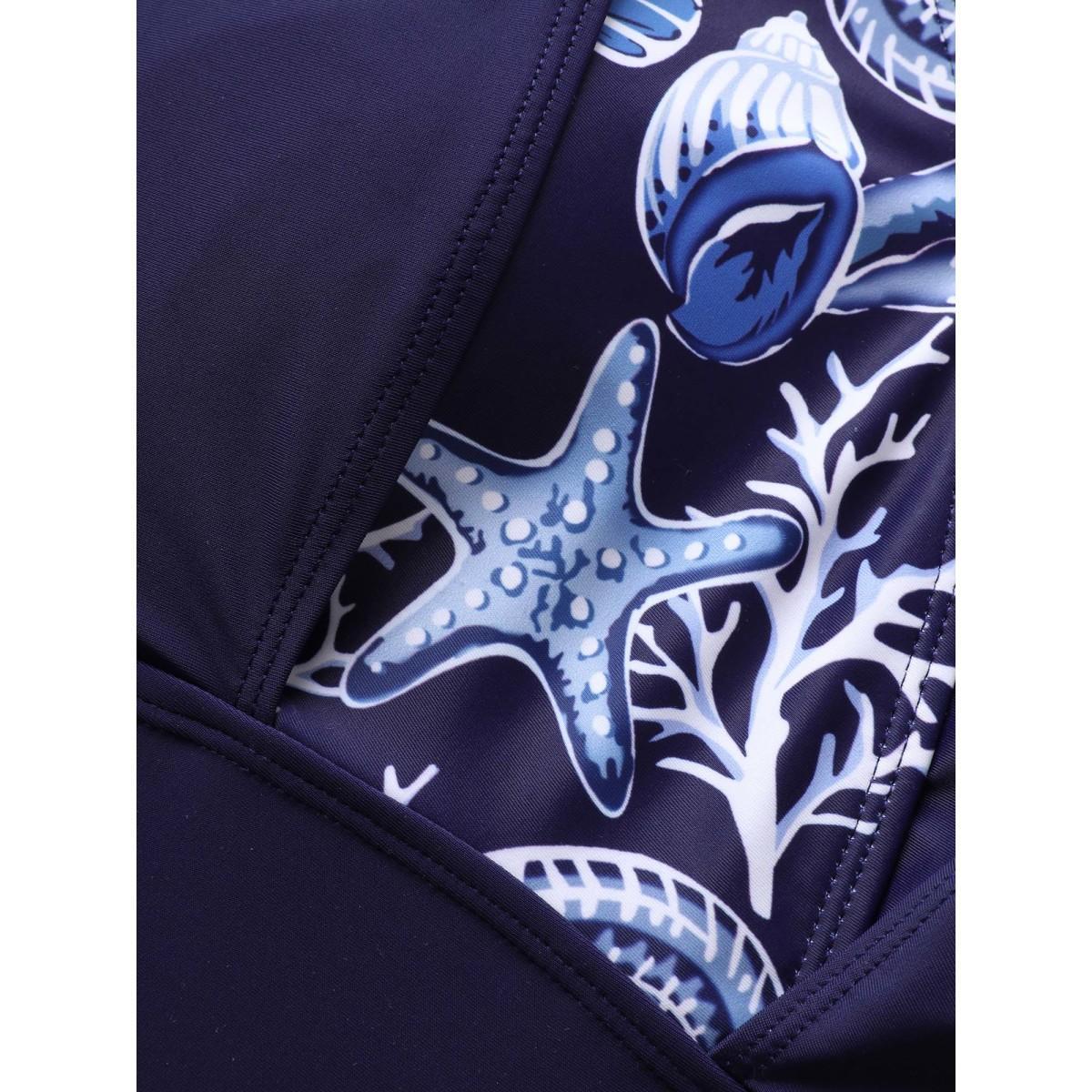 Plus Size Marine Elements Patchwork Tie Knot Swim Top Women's Swimwear Indigo Beach Cross straps High stretch Skinny V-neck Curve Swim Tops BloomChic 18-20/2X Product Image