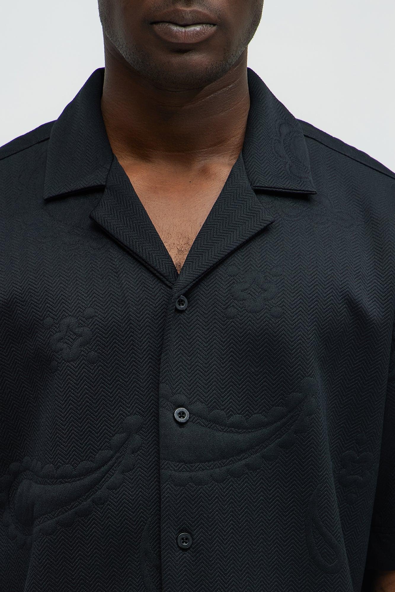 Heavyweight Textured Jacquard Knit Button Up Shirt - Black Product Image