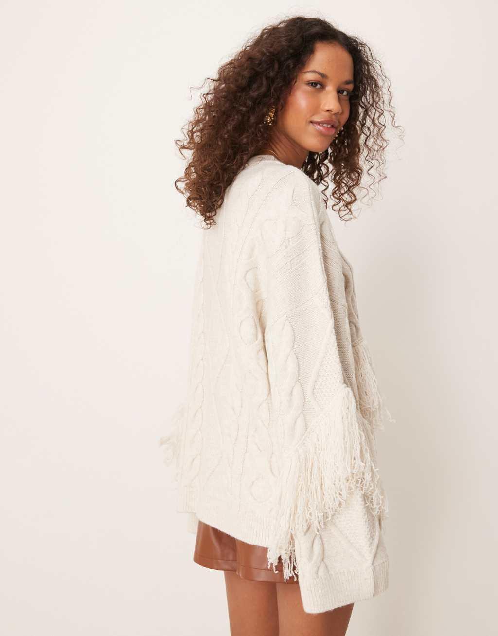 ASOS DESIGN premium oversized cable knit sweater with fringing in ecru Product Image