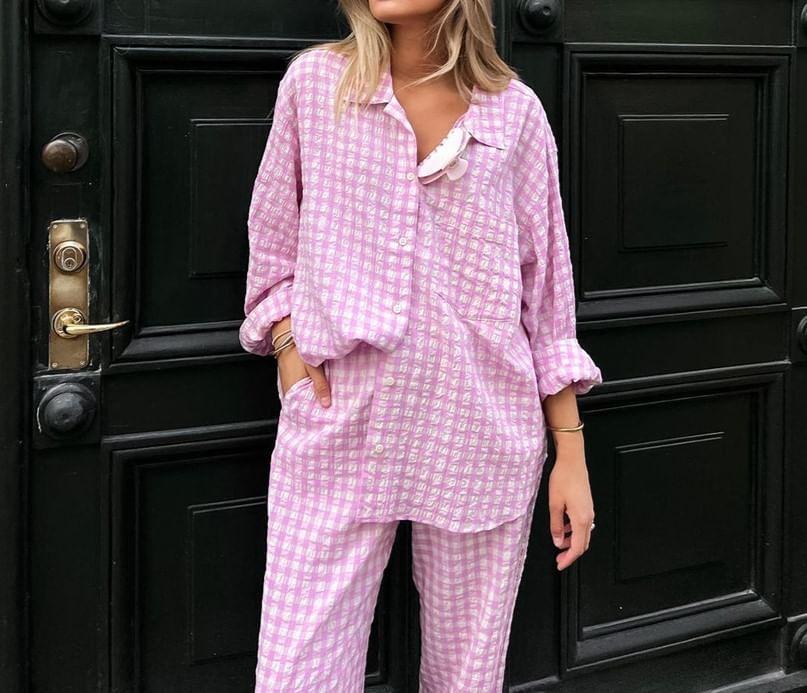 Set: Long-Sleeve Gingham Button-Up Shirt + High Rise Wide Leg Pants Product Image