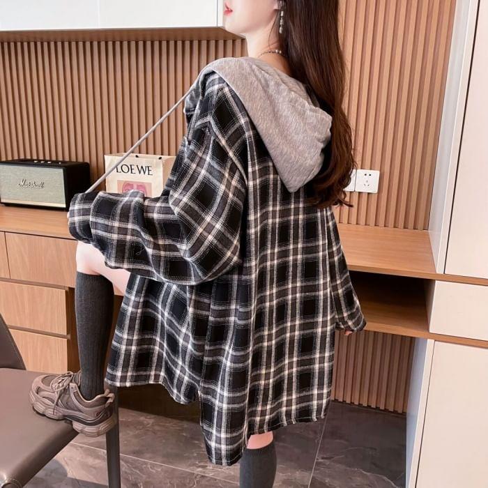 Plaid Drawstring Hooded Pocket Detail Button Jacket Product Image