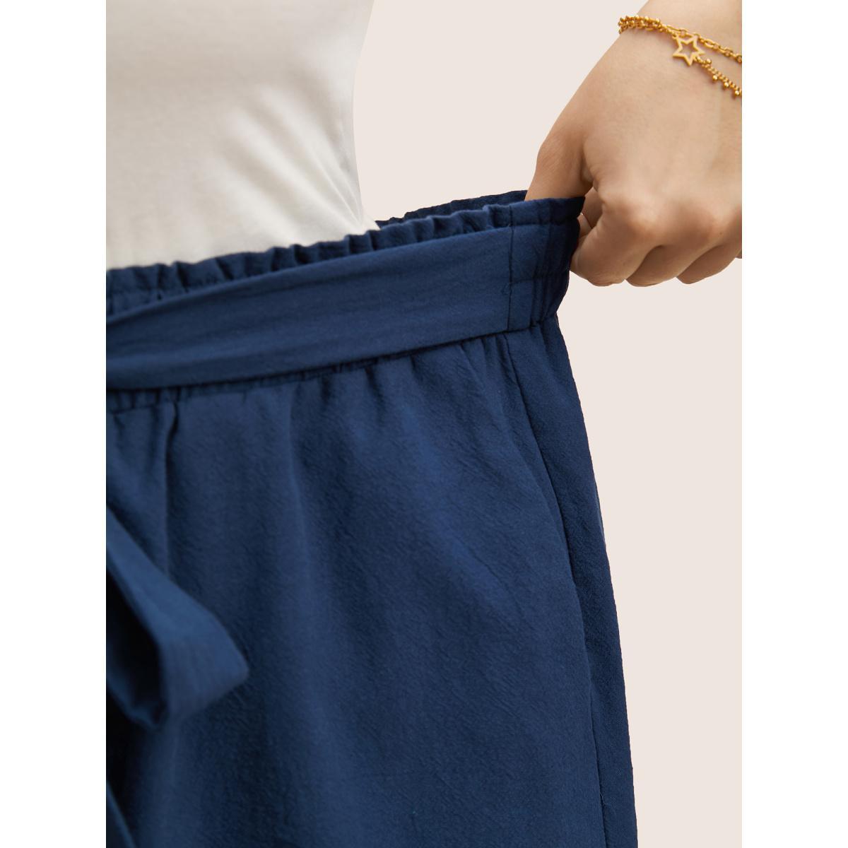 Plus Size Paperbag Waist Tie Knot Roll Hem Shorts Women DarkBlue Elegant Tie knot Wide Leg Everyday Shorts BloomChic 14-16/1X Product Image