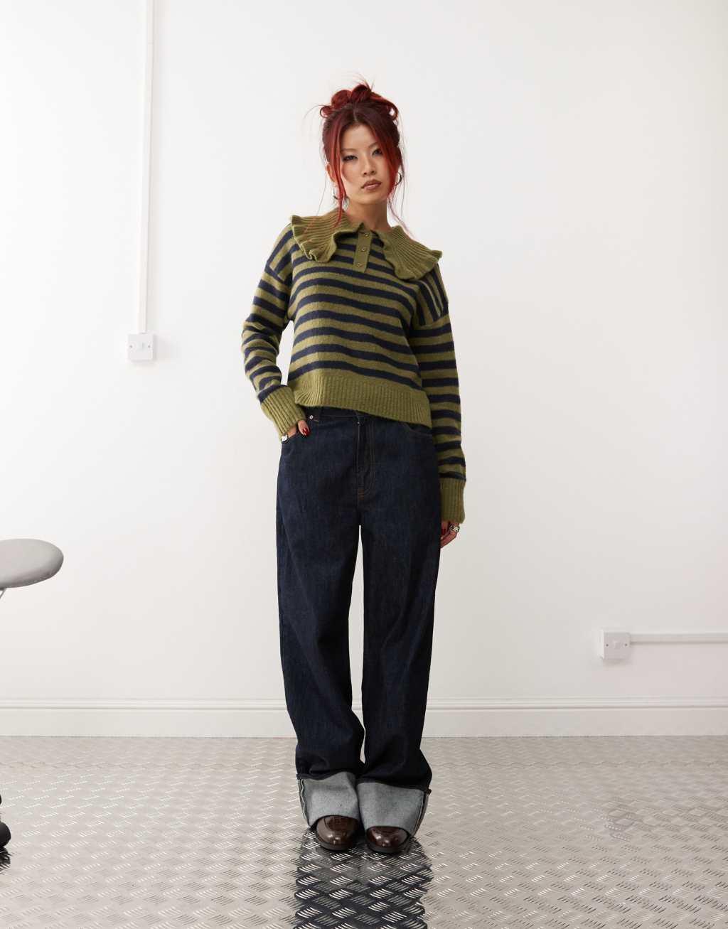 Monki long sleeve collar polo knit sweater in khaki stripe Product Image