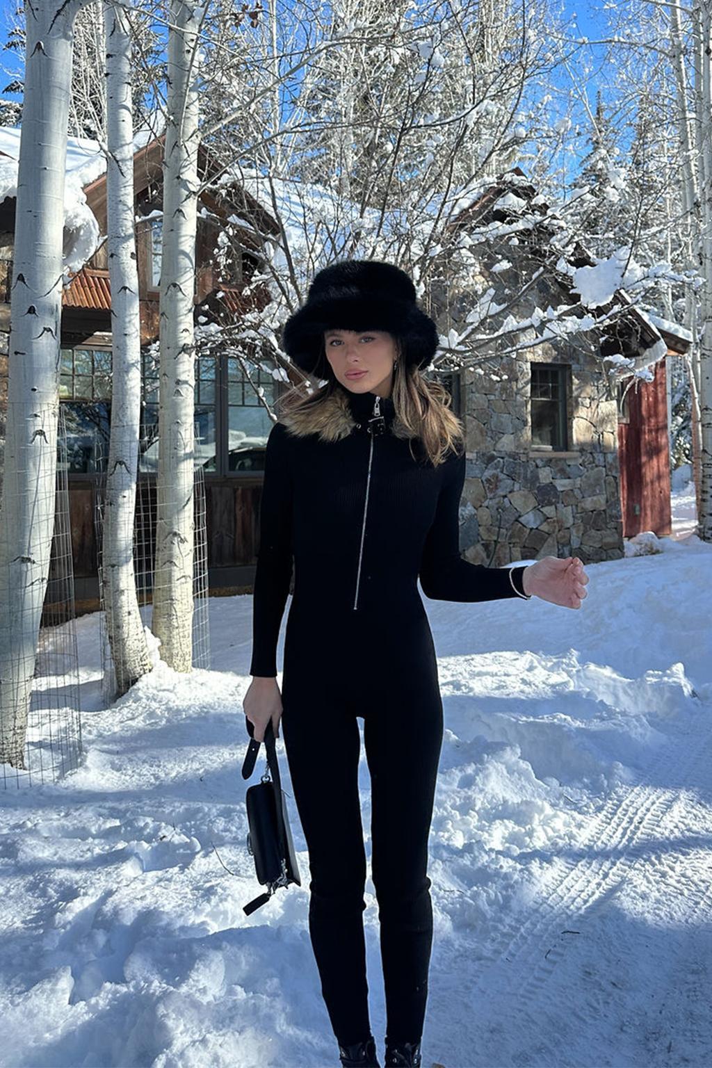 Apres Faux Fur Trimmed Black Ribbed Knit Jumpsuit Product Image