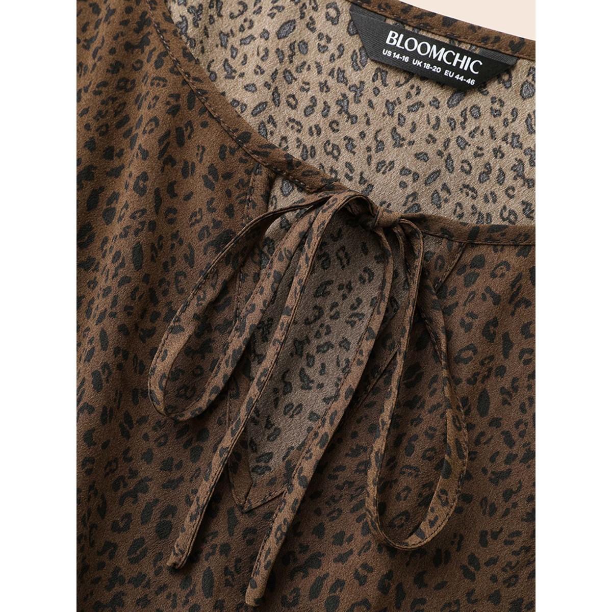 Plus Size Leopard Print Tie Knot Gathered Dress Browncoffeecolor Women At the Office Tie knot V-neck Elbow-length sleeve Curvy BloomChic 22-24/3X Product Image