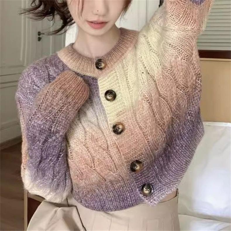 Crew Neck Gradient Cable Knit Button-Up Crop Cardigan Product Image