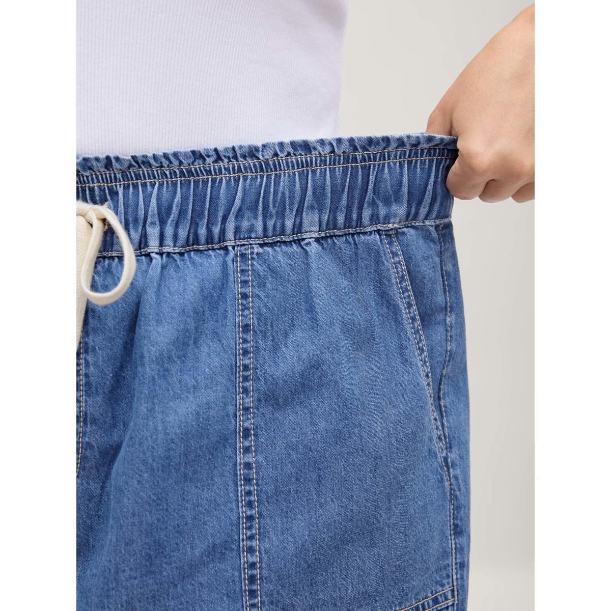 Plus Size Cotton Stretchy Waist Drawstring Classic Denim Shorts Women Midblue No stretch Everyday-Casual Slanted pocket Denim Shorts BloomChic 22/3X Product Image