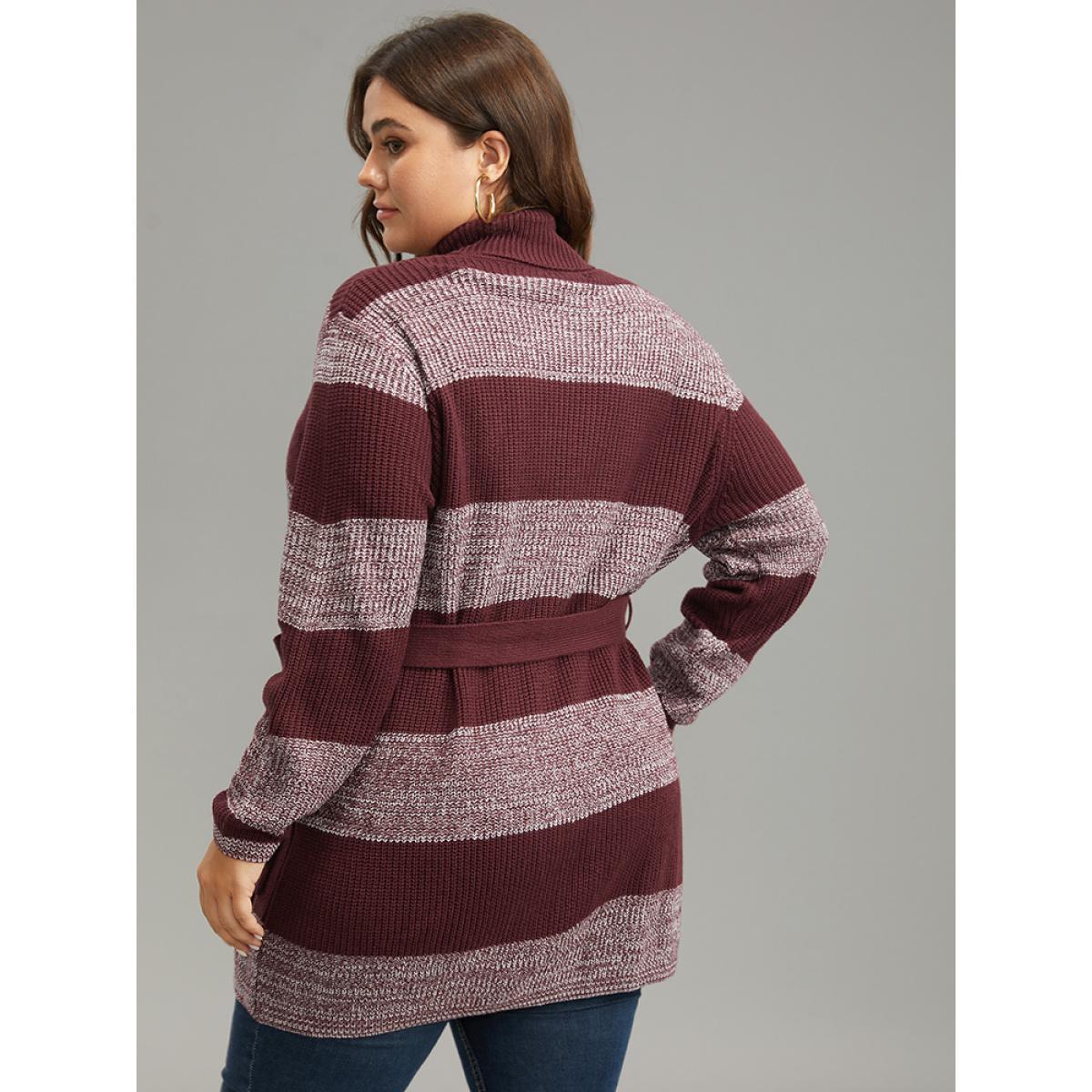 Plus Size Colorblock Heather Belted Pocket Cardigan Burgundy Women Casual Loose Long Sleeve Dailywear Cardigans BloomChic 18-20/2X Product Image