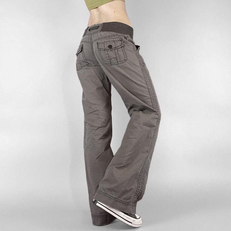 Low Waist Drawstring Plain Straight-Fit Wide Leg Jeans Product Image