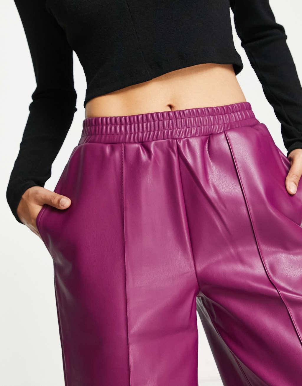 ASOS DESIGN Petite straight faux leather jogger pants in plum  Product Image